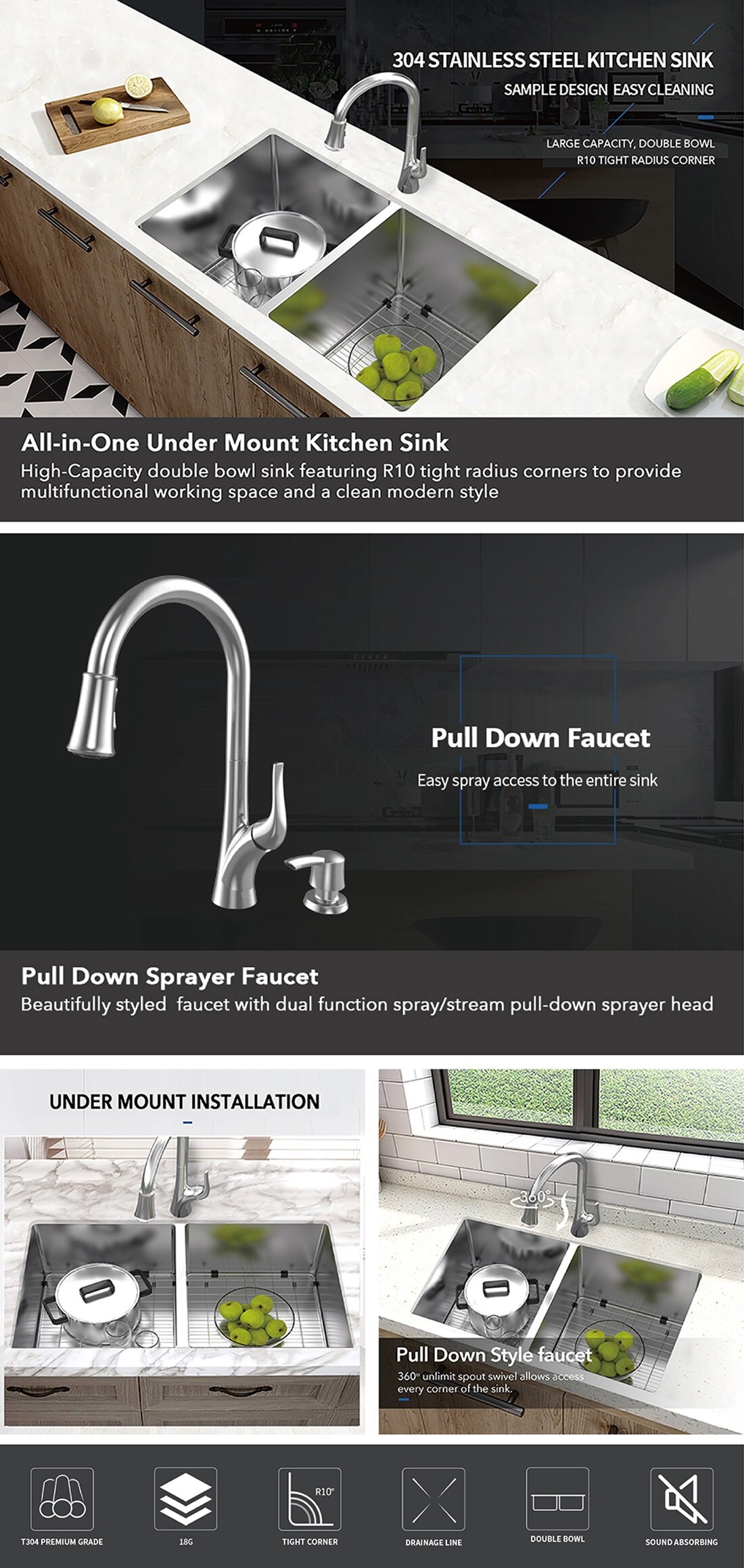 Glacier Bay AllinOne Brushed Stainless Steel 36 in. 18Gauge Tight Radius Double Bowl